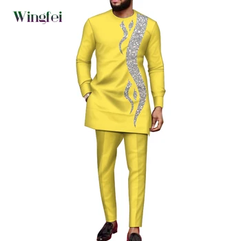 Мужская одежда в африканском стиле Bazin Riche, комплект из 2 предметов, рубашка с длинным рукавом и брюки, Мужские костюмы Дашики, Африканские мужские Бубу Wyn1588