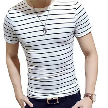 Мужская футболка контрастного цвета с круглым вырезом, коротким рукавом и принтом в полоску, Официальный летний базовый топ, мужская одежда