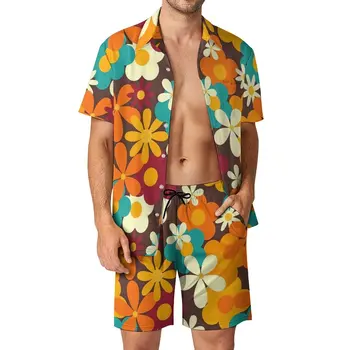 Мужские комплекты Flower Power в стиле ретро 70-х, Классические повседневные Шорты, Пляжная рубашка, Летний костюм с Гавайским принтом, короткий рукав, Одежда большого размера
