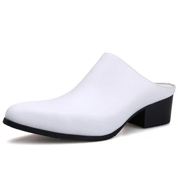 Мужские полуботинки на высоком каблуке 5 см, черные, синие, белые Летние офисные сандалии из натуральной кожи с острым носком, Модные слайды 2022
