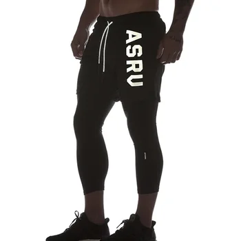 Мужские спортивные брюки, светоотражающие поддельные двухсекционные быстросохнущие эластичные баскетбольные штаны для бега и фитнеса