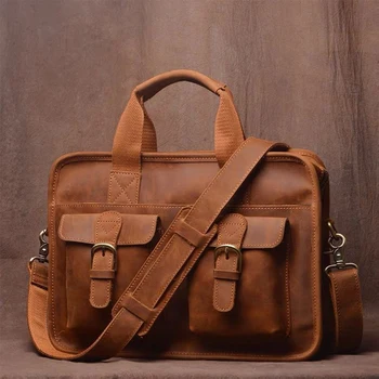 Мужской портфель из натуральной кожи, винтажная сумка для путешествий, Деловая 14-дюймовая сумка для ноутбука