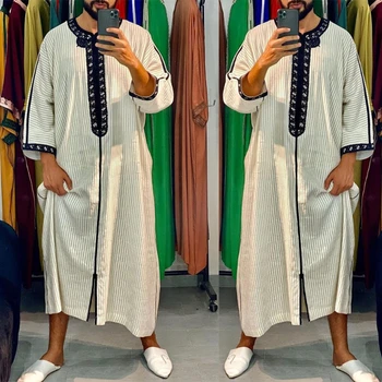 Мусульманский мужской повседневный кафтан с принтом 2022, Свободный, с Длинным рукавом, из Саудовской Аравии, на Ближнем Востоке, Исламское платье Абайя, Дубайские халаты