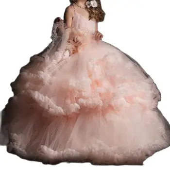 Нарядные платья с розовыми цветами для Свадьбы, детские бальные платья с многоуровневыми оборками, платья для Первого Причастия без спинки для девочек