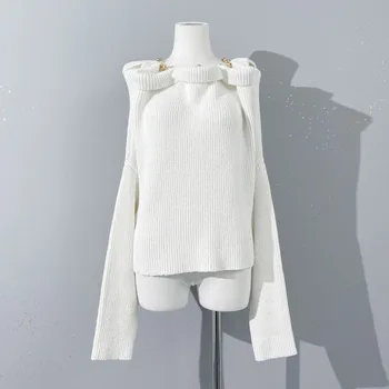 Новая женская одежда на весну и лето 2023, модный индивидуальный серо-белый свитер с цепочкой 0406