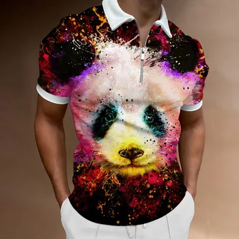 Новая Летняя Высококачественная Уличная одежда, Рубашки поло с 3D рисунком Панды и животными, Повседневные мужские поло с коротким рукавом и отложным воротником на молнии