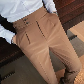 Новая Однотонная Высокая юбка, Осенние мужские официальные брюки в британском стиле, 2023, Приталенные, Высококачественные деловые официальные брюки для мужчин