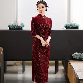 Новинка зимы 2022, женское красное бархатное свадебное платье Чонсам с воротником-стойкой, вечерние платья на китайский Новый год, традиционные платья