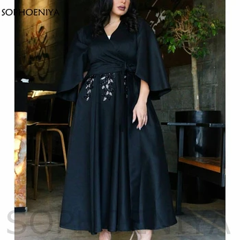 Новое поступление, атласное вечернее платье с V-образным вырезом и длинным рукавом 2023, Черные мусульманские вечерние платья для женщин, Vestidos de noche