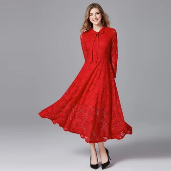 Новое поступление, осеннее милое платье размера плюс 5XL, Красное платье с бантом, длинные рукава, длина до щиколоток, Женское кружевное платье трапециевидной формы 14218