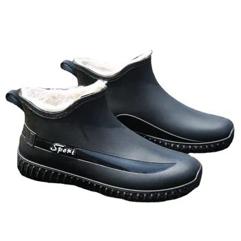 Новые стильные непромокаемые ботинки, короткие силиконовые нескользящие мужские ботинки, модная водонепроницаемая обувь на плоской подошве, плюс бархат, непромокаемые непромокаемые ботинки, обувь