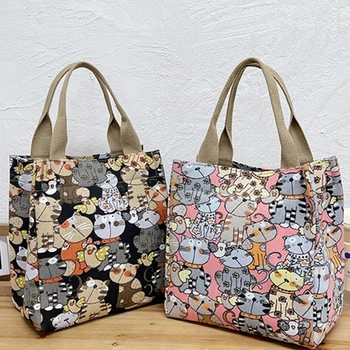 Новые Холщовые женские сумки, портативная сумка для мамы с милым рисунком кота из мультфильма, модные сумки с верхней ручкой, сумки-тоут для покупок для женщин