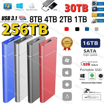 Новый Портативный твердотельный накопитель SSD Type-C USB3.1 2 ТБ Внешний мобильный твердотельный накопитель 8 ТБ Высокоскоростной Жесткий диск 1 ТБ 16 Тб Для Массового хранения данных Ноутбука