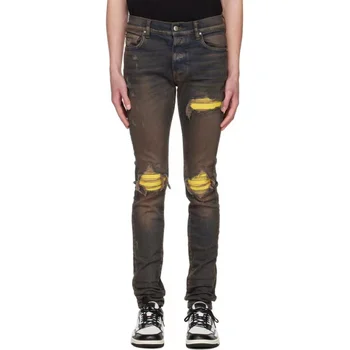 Новый стиль, модные брендовые желтые грязевые джинсы, мужские рваные заплатки, желтые кожаные тонкие стрейчевые брюки