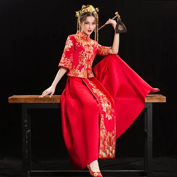 Одежда в китайском стиле, Новинка 2023 года, Пара с вышивкой Красного Феникса, Традиционное свадебное платье Чонсам Ципао, Размер S-6XL для женщин