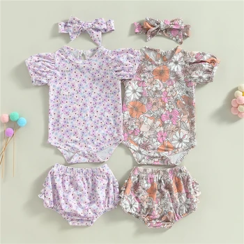 Одежда для новорожденных девочек, комбинезоны с цветочным принтом, короткий рукав, эластичные шорты, повязка на голову, комплект из 3 шт.