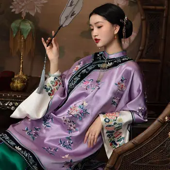 одежда принцессы китайской династии Цин, восточный ципао с воротником-стойкой в стиле мандарина, топы с цветочным принтом в стиле ретро, свободный традиционный ципао чонсам