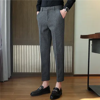 Осенне-зимние Новые мужские шерстяные брюки Черного, серого цвета/Классические мужские деловые светские брюки для свадебной вечеринки, Облегающая одежда