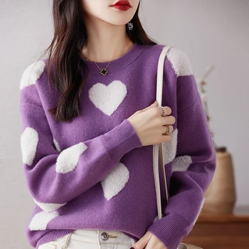 Осенне-зимний новый свитер из 100% шерсти, Женский пуловер с круглым вырезом и рисунком сердца, Свободный вязаный Высококачественный мягкий кашемировый свитер