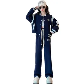 Осенний костюм для девочек 2023, Школьная спортивная бейсбольная куртка + Брюки, комплект из 2 предметов, Детская одежда в стиле колледжа, спортивные костюмы для маленьких девочек