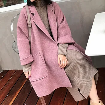 Осенний темперамент 2023, Новая модная женская одежда, Маленькое шерстяное пальто с длинными рукавами, Свободное шерстяное пальто для студентов средней длины, Женское