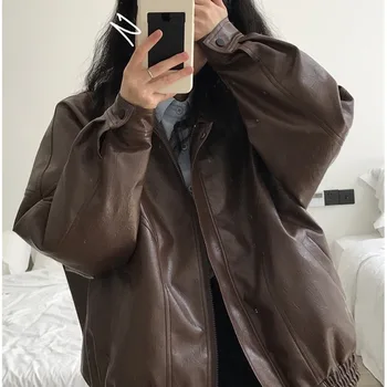 Осенняя новая куртка из искусственной кожи 2023, женское весеннее винтажное коричневое мотоциклетное пальто, Женская корейская свободная уличная верхняя одежда куртка женская