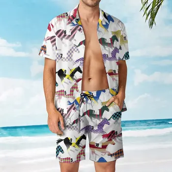 Отправляемся на скачки, мужской пляжный костюм с рисунком Жокея, шелковый костюм для отдыха, Уникальный комплект из 2 предметов, координаты Высокого качества