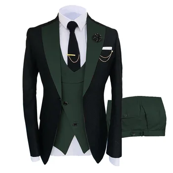 Официальный деловой модный мужской костюм из 3 предметов, однотонные смокинги, куртка синего, коричневого, золотого цвета для жениха на свадьбу (блейзер + жилет + брюки)