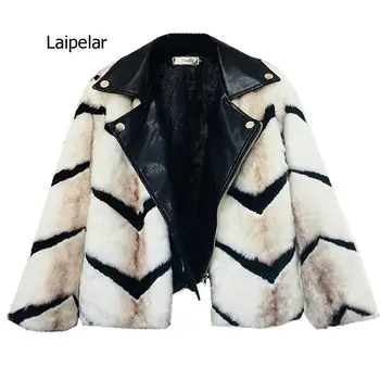 Пальто из искусственного меха лисы, женское зимнее теплое пальто из искусственного меха в полоску, женская кожаная куртка в стиле пэчворк