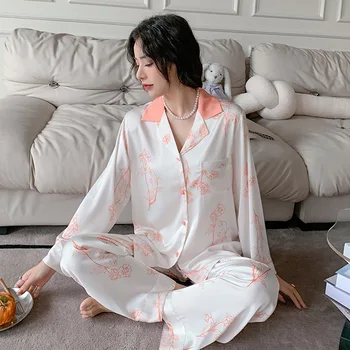 Пижама из искусственного шелка, женская новая домашняя одежда из шелка льда и снега из двух частей, модная домашняя одежда из двух предметов, пижама