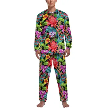 Пижамы с тропическим цветочным рисунком, Осень, 2 предмета, Красный цветочный Принт, Милые Пижамные комплекты, Мужская Повседневная одежда для сна с длинным рукавом на заказ