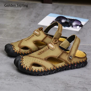 Пляжная обувь Golden Sapling для мужчин, модные сандалии, дышащая кожаная летняя обувь на плоской подошве, Классические мужские сандалии для отдыха, Ретро Мужская обувь