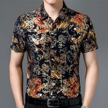 Повседневные рубашки из 80% Шелка В Гавайском стиле, Мужские Рубашки с коротким рукавом с обеих сторон, Китайский Национальный Цветок 2023, Пляжная летняя одежда