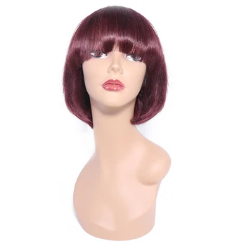 Прямой короткий парик-боб с челкой Из бразильских человеческих волос, Парики для женщин, Дешевый машинный парик 99J, парик из человеческих волос бордового цвета