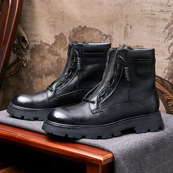 Размер США 6-10, Специальный дизайн, полностью черные Короткие ботинки для мужчин из натуральной кожи, мягкая Крутая Бизнес-мода, Осенняя обувь