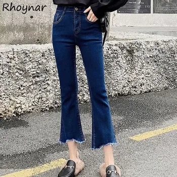 Расклешенные джинсы, женские весенние шикарные джинсы длиной до щиколотки, простые повседневные джинсы с высокой талией, однотонная одежда с карманами в корейском стиле, Новая универсальная