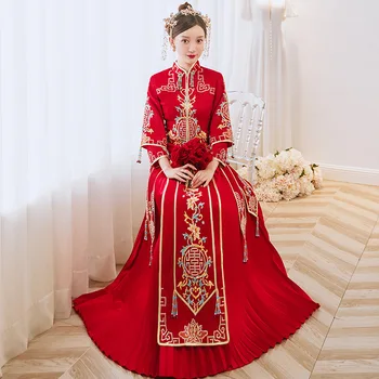Ретро Изысканная Цветочная вышивка Кисточкой Китайский Свадебный костюм для пары Чонсам Элегантное Свадебное платье Невесты китайская одежда