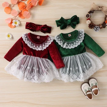 Рождественский бархатный комбинезон для маленьких девочек от 0 до 2 лет, платье с кружевной юбкой в стиле пэчворк, комбинезоны для новорожденных, боди с повязкой на голову