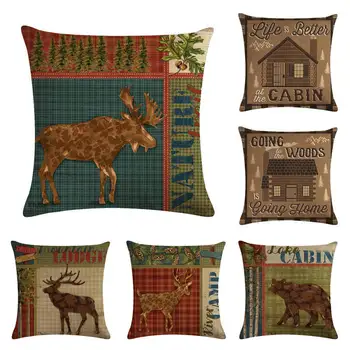 Рождественский чехол для подушки с изображением лося и медведя, хлопковые льняные наволочки для домашнего декора