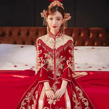 Роскошное Велюровое Свадебное платье Cheongsam с вышивкой из горного хрусталя, Элегантное Свадебное платье для пары Свадебное платье