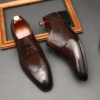 Роскошные Мужские Туфли-Оксфорды из натуральной кожи Черного, Винно-красного цвета, Классические Туфли с Перфорацией типа 