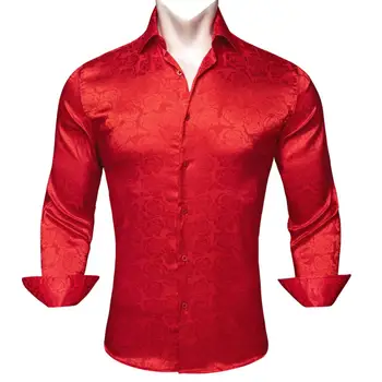 Роскошные шелковые рубашки для мужчин с длинным рукавом и красным цветком, приталенные мужские блузки с лацканами, повседневные топы, дышащая одежда Barry Wang