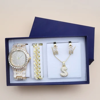 Роскошный женский набор часов, Золотые часы, ожерелья с буквами, браслет, Кубинская цепочка, стразы, ювелирные изделия, 4 шт., наборы подарков для женщин