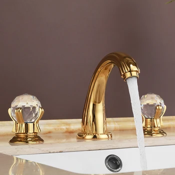 Роскошный Золотой кристалл и массивная латунь с тремя отверстиями, широко распространенный кран для раковины в ванной комнате, Новый смеситель для раковины с горячей и холодной водой
