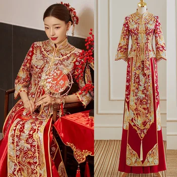 Свадебное платье с вышивкой Феникса в китайском стиле, банкетное платье, Винтажный Cheongsam Hanfu