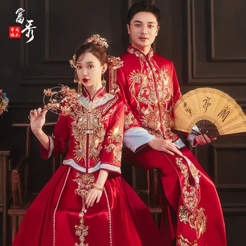 Свадебный костюм В Китайском стиле, Свадебный Комплект для Жениха, Одежда для Тостов С Вышивкой Дракона, Чонсам Большого размера китайская одежда
