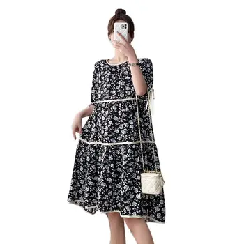 Свободное Шифоновое платье для беременных, Черное Летнее Платье с круглым вырезом и рукавом-кулиской, платье с цветочным рисунком для беременных, Одежда больших размеров оптом