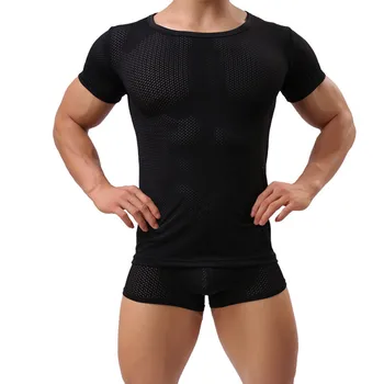 Сексуальная мужская сетчатая футболка с коротким рукавом, Шорты-боксеры, Тонкие майки для фитнеса, Прозрачное гей-эротическое фетиш-Секс-нижнее белье, костюм