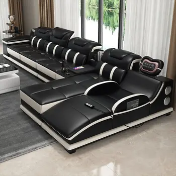 Секционный диван из итальянской натуральной кожи MINGDIBAO с Bluetooth-динамиком, функциональным подголовником, массажным шезлонгом, Угловой диван L-образной формы