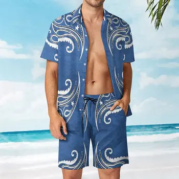 Синий дизайнерский мужской пляжный костюм с банданой, повседневный брючный костюм с рисунком, 2 предмета, винтажный
